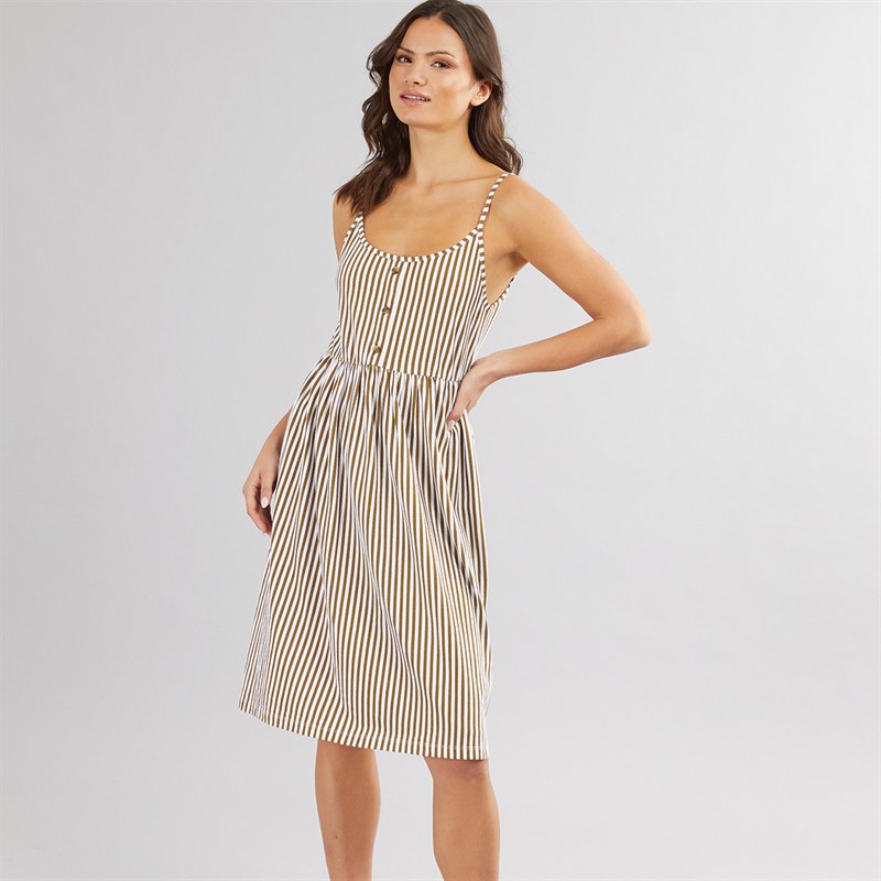 Womens Strappy Midi Striped Dress Khaki/Winter White - Size 18