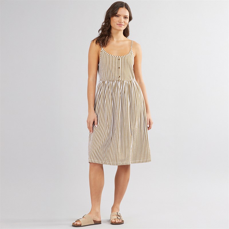 Onfire Womens Strappy Midi Striped Dress Khaki/Winter White