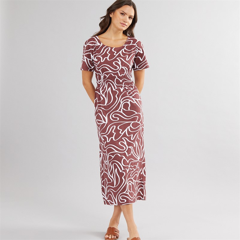 Womens Smocked Waist Midi Dress Burgundy Print - Size 12