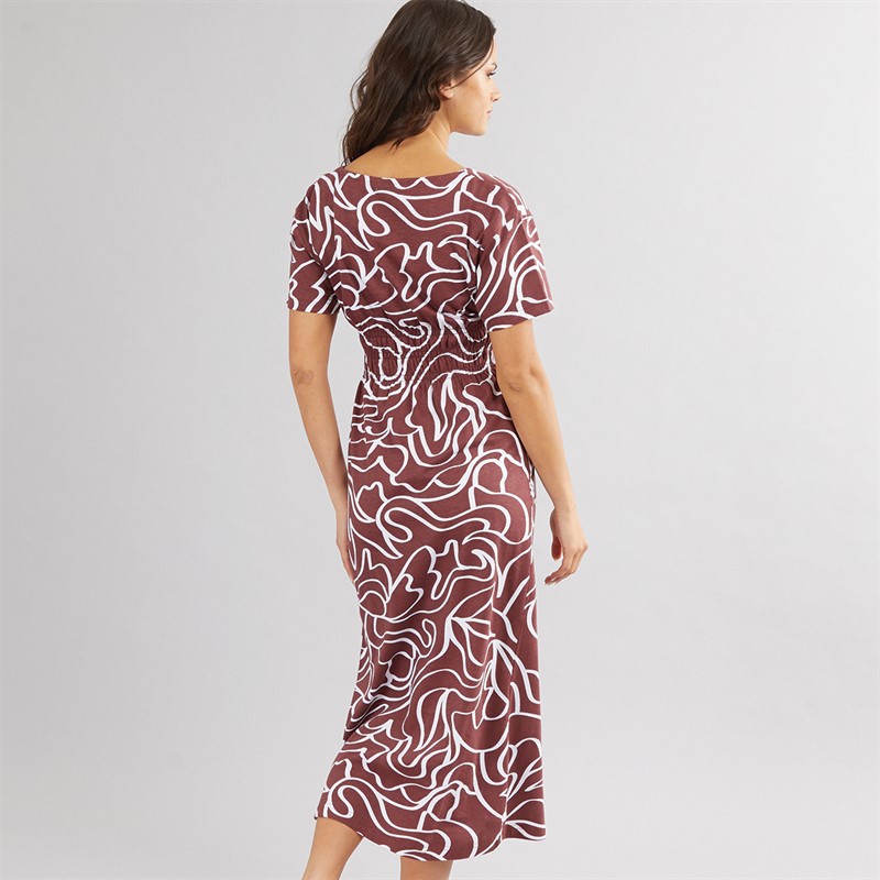 Onfire Womens Smocked Waist Midi Dress Burgundy Print
