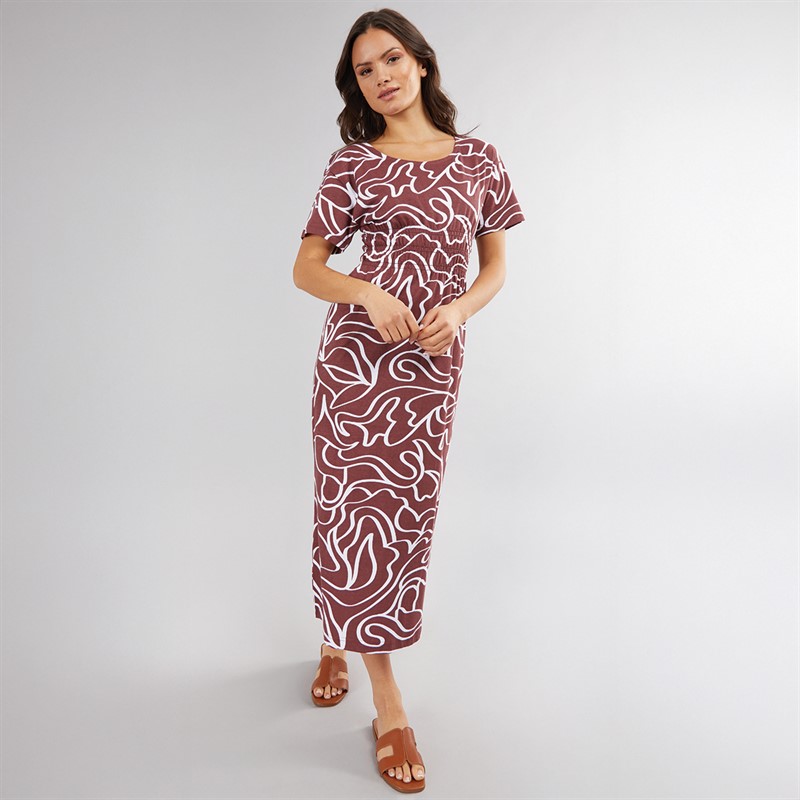 Onfire Womens Smocked Waist Midi Dress Burgundy Print