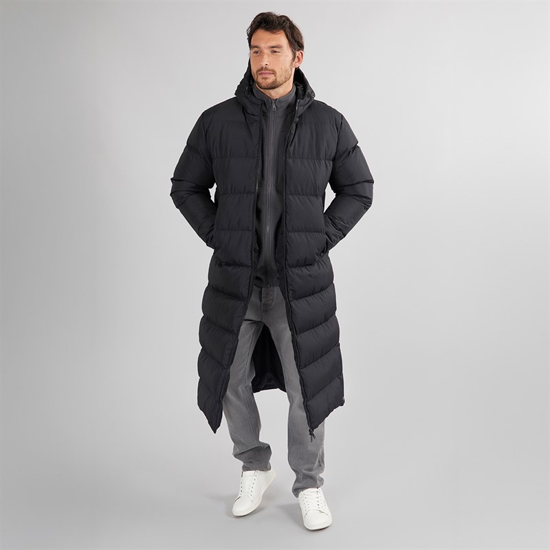 Onfire Mens Maxi Length Hooded Puffer Coat Black