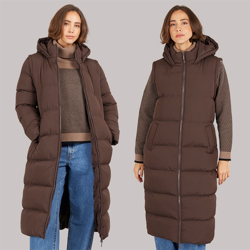 Womens 2-In-1 Longline Hooded Jacket With Detachable Sleeves Dark Chocolate - Size 14