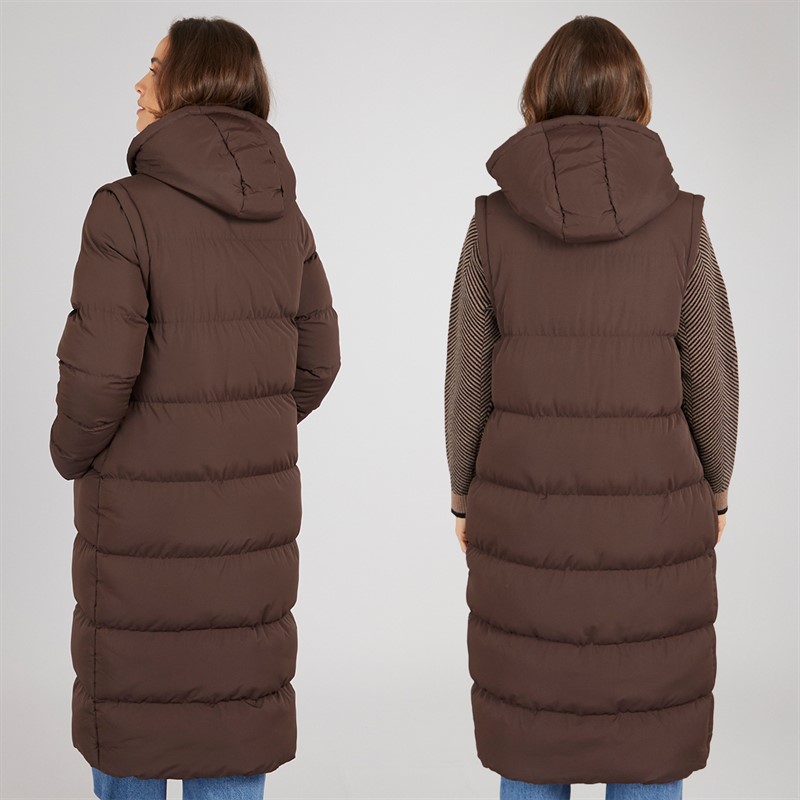 Onfire Womens 2-In-1 Longline Hooded Coat With Detachable Sleeves Dark Chocolate
