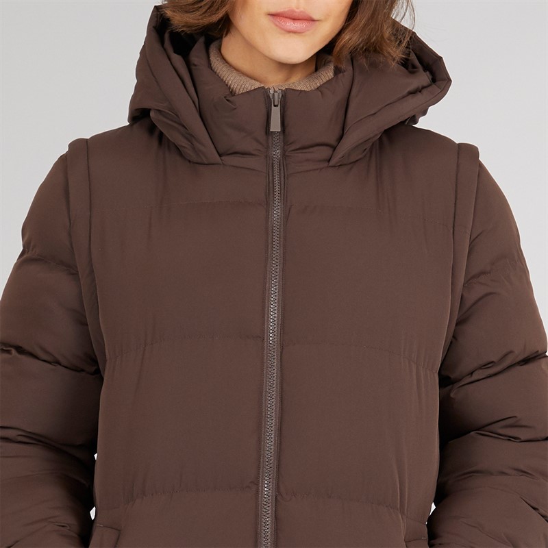 Onfire Womens 2-In-1 Longline Hooded Coat With Detachable Sleeves Dark Chocolate