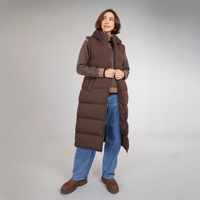 Onfire Womens 2-In-1 Longline Hooded Coat With Detachable Sleeves Dark Chocolate