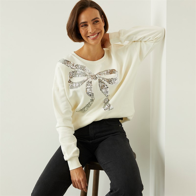 Onfire Womens Sequin Bow Sweatshirt Ecru