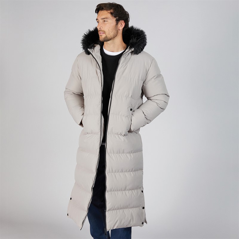 Mens Maxi Length Hooded Puffer With Faux Fur Hood Stone - Size S