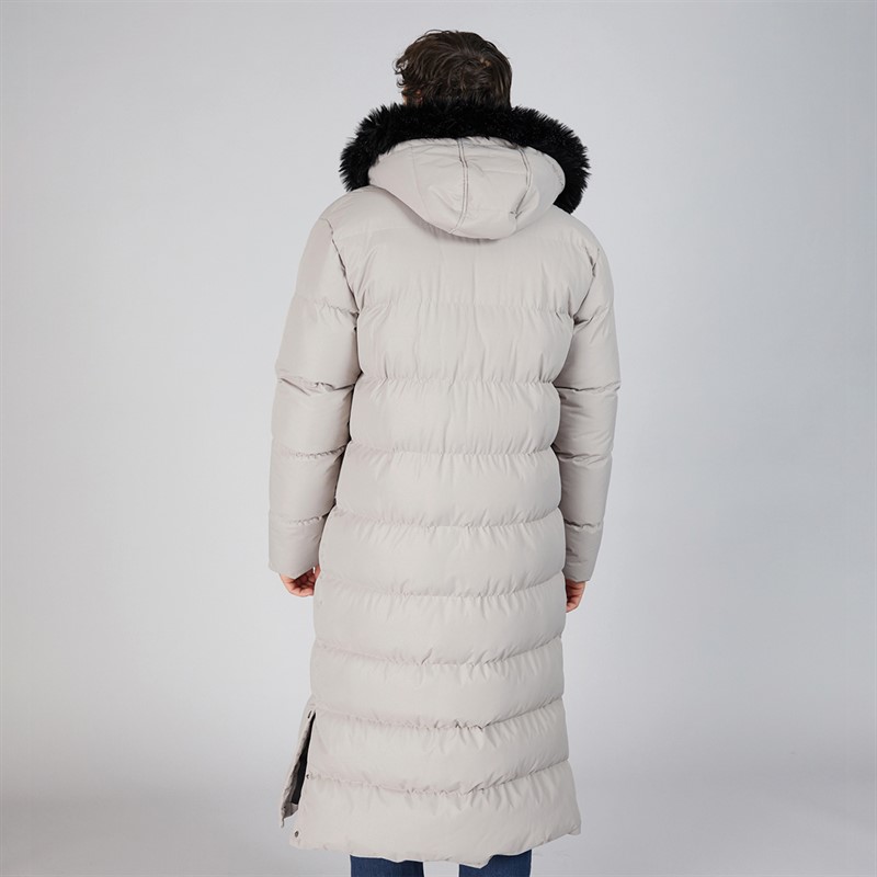 Onfire Mens Maxi Length Hooded Puffer Coat With Faux Fur Hood Stone