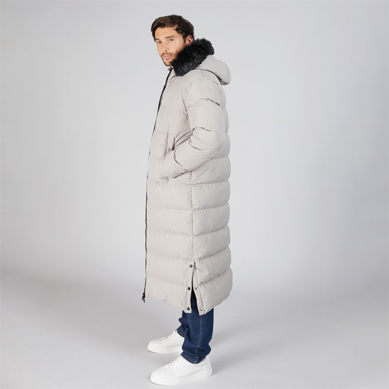 Onfire Mens Maxi Length Hooded Puffer Coat With Faux Fur Hood Stone