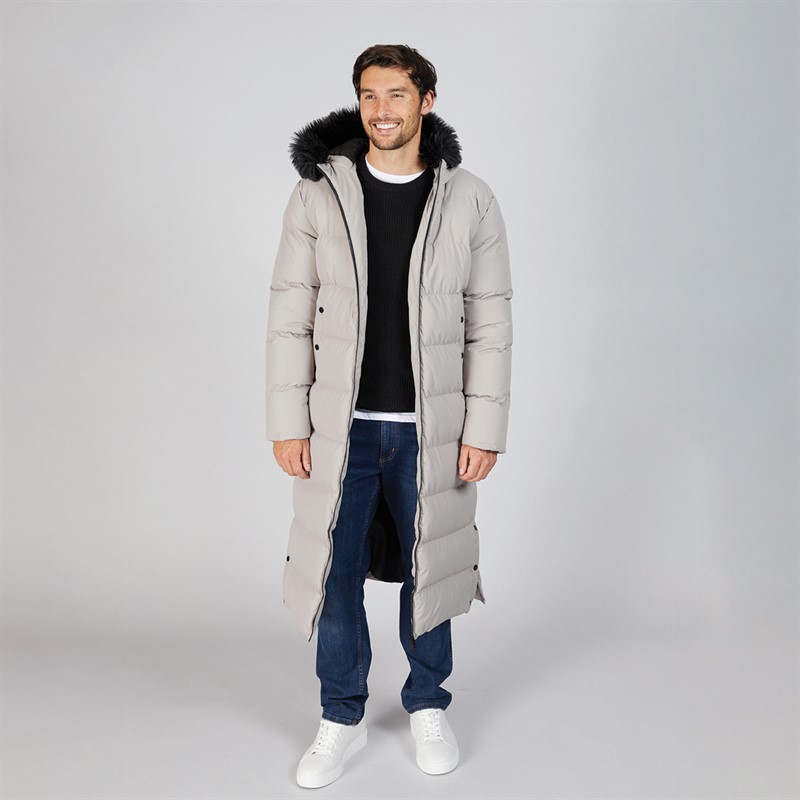 Onfire Mens Maxi Length Hooded Puffer Coat With Faux Fur Hood Stone
