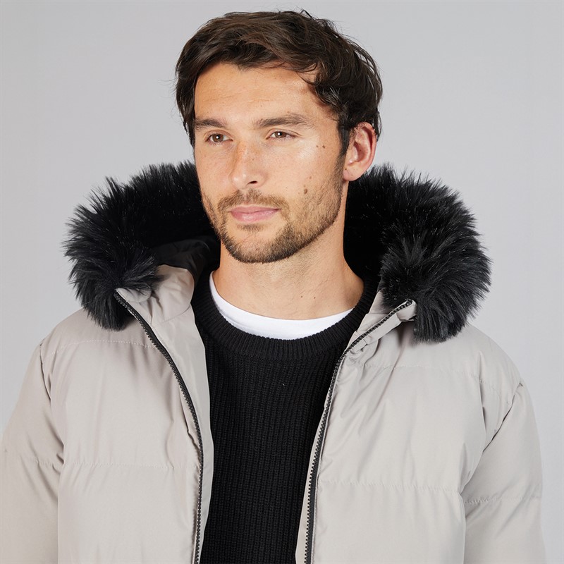 Onfire Mens Maxi Length Hooded Puffer Coat With Faux Fur Hood Stone