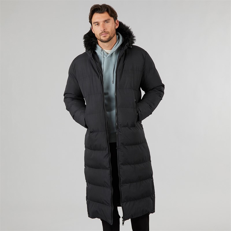 Mens Maxi Length Hooded Puffer With Faux Fur Hood Black - Size M