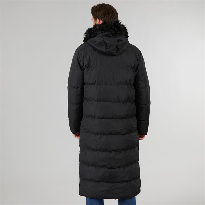 Onfire Mens Maxi Length Hooded Puffer Coat With Faux Fur Hood Black
