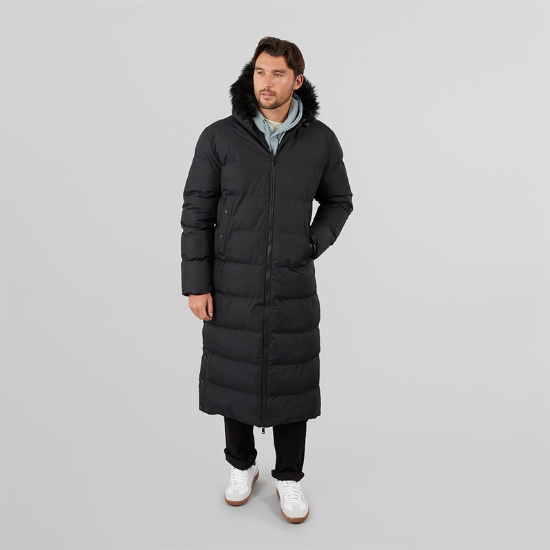 Onfire Mens Maxi Length Hooded Puffer Coat With Faux Fur Hood Black