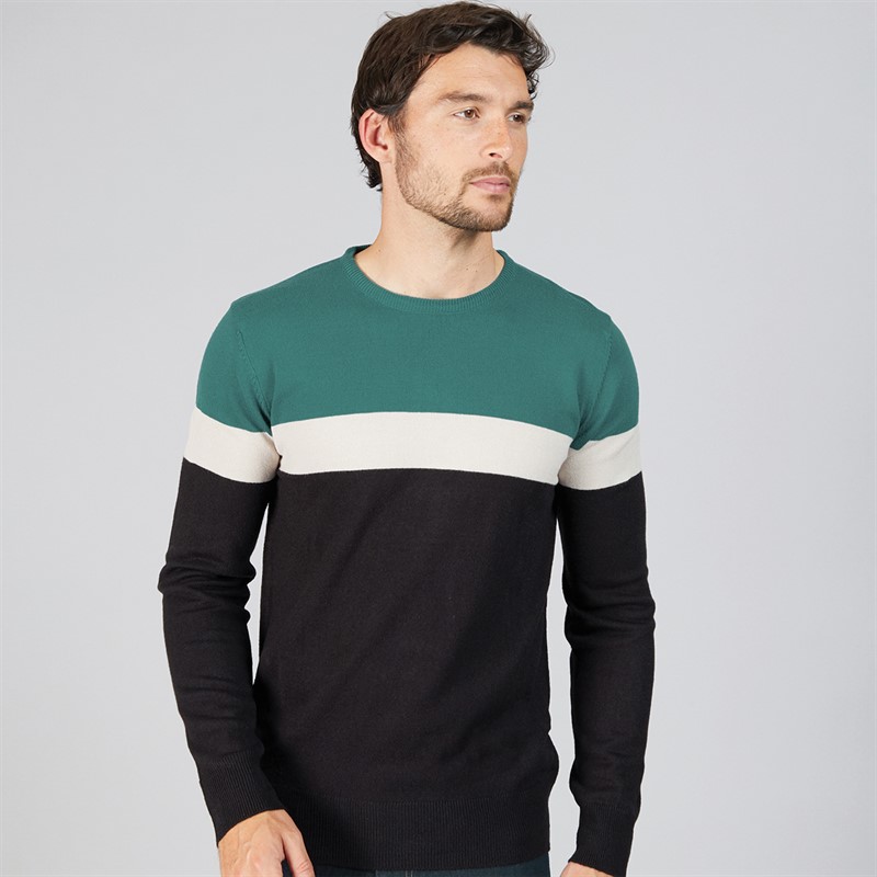 Onfire Mens Colour Block Crew Neck Sweater Teal/Stone/Black