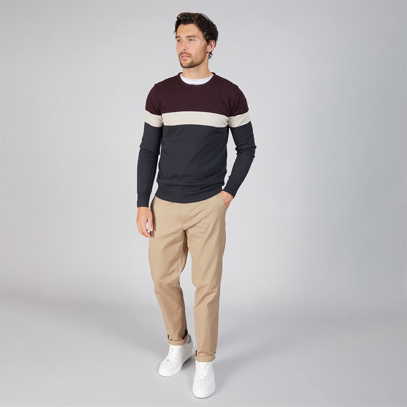 Onfire Mens Colour Block Crew Neck Sweater Burgundy/Stone/Navy