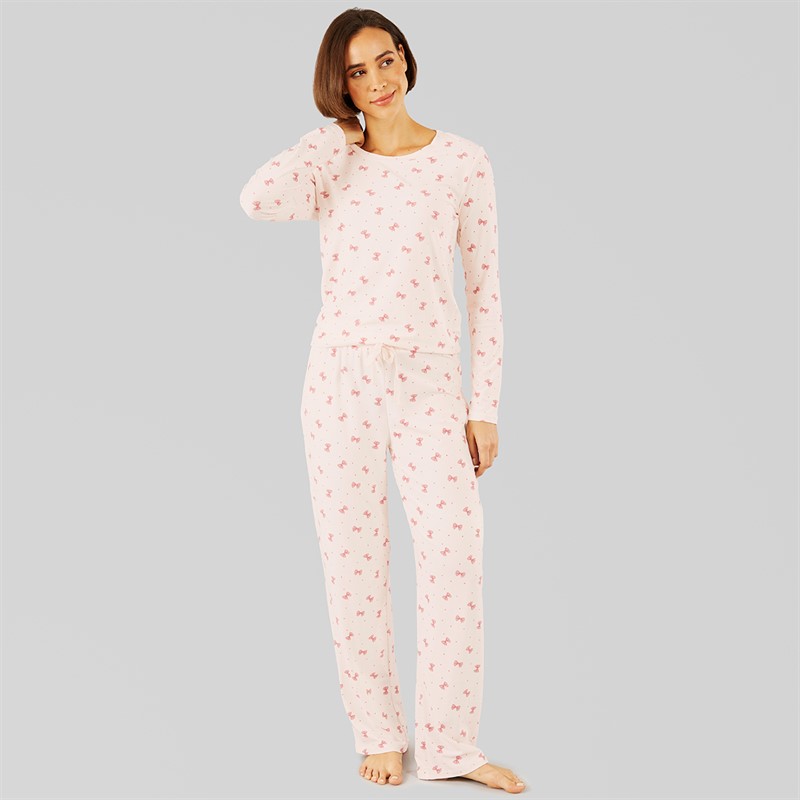 Onfire Womens Soft Touch Bow Pyjamas Ecru/Pink