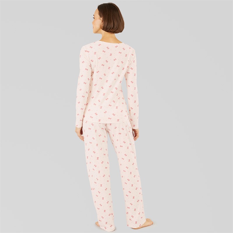 Onfire Womens Soft Touch Bow Pyjamas Ecru/Pink