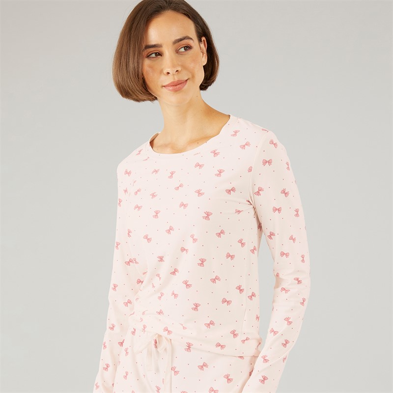 Onfire Womens Soft Touch Bow Pyjamas Ecru/Pink