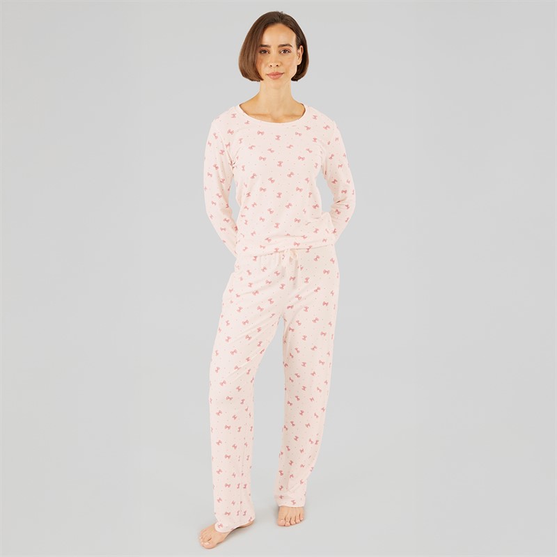 Onfire Womens Soft Touch Bow Pyjamas Ecru/Pink