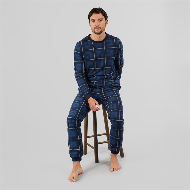 Onfire Mens Checked Long Sleeved Pyjama Set Navy/White