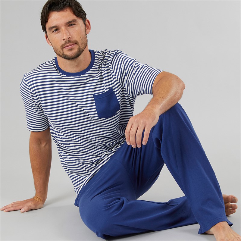 Onfire Mens Stripe Pyjama Top And Jersey Pants Set Navy