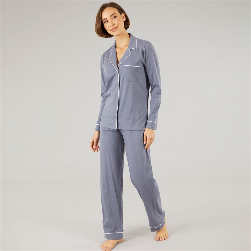 Womens Button-Up Pyjama Set Grey/White - Size 14