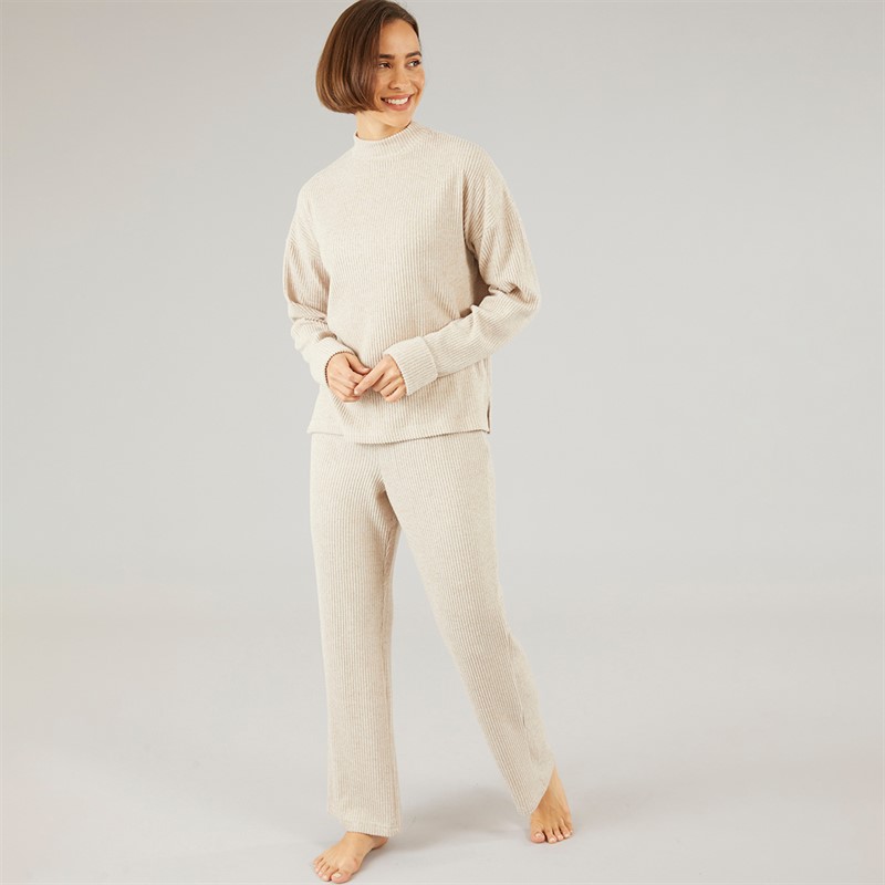 Onfire Womens Rib Top And Wide Leg Trousers Lounge Set Oatmeal