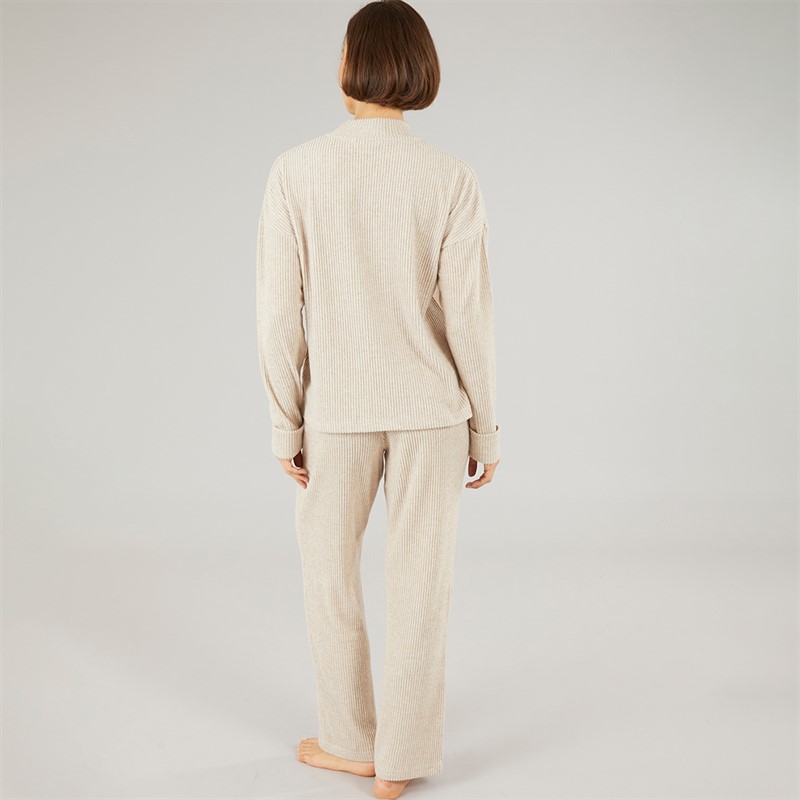 Onfire Womens Rib Top And Wide Leg Trousers Lounge Set Oatmeal