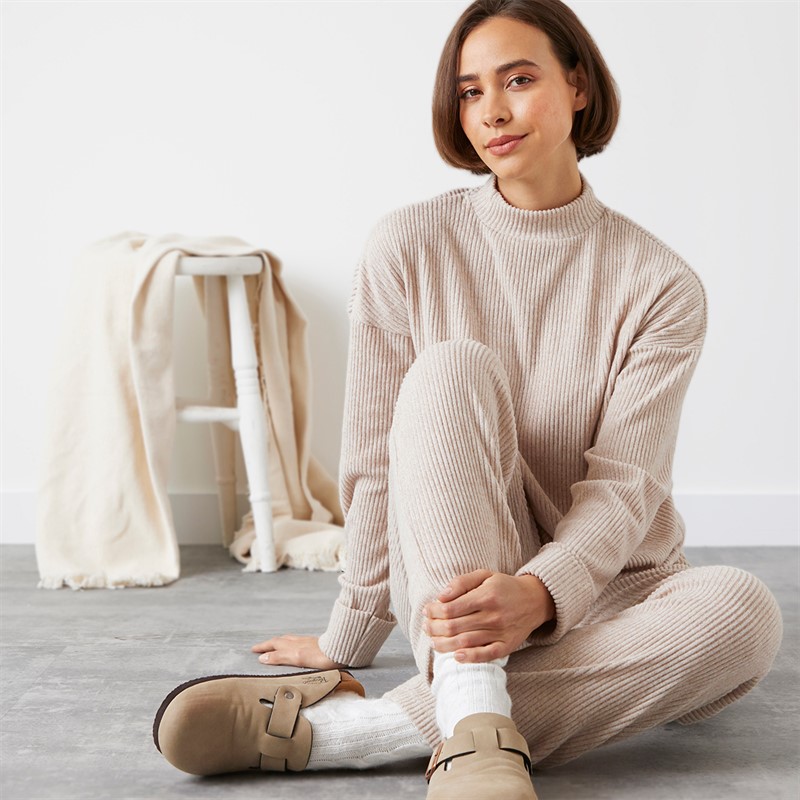 Onfire Womens Rib Top And Wide Leg Trousers Lounge Set Oatmeal
