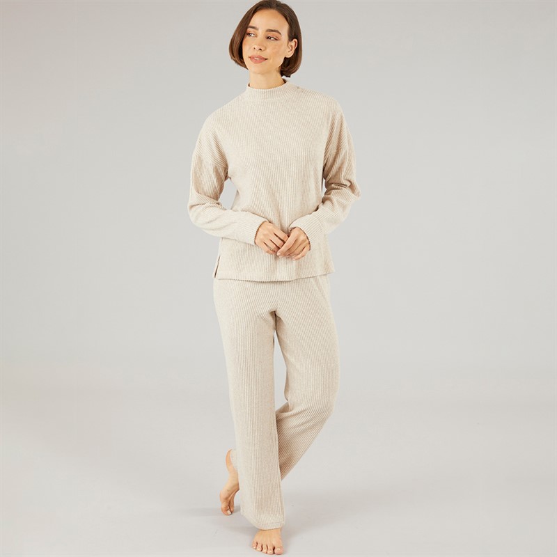Onfire Womens Rib Top And Wide Leg Trousers Lounge Set Oatmeal