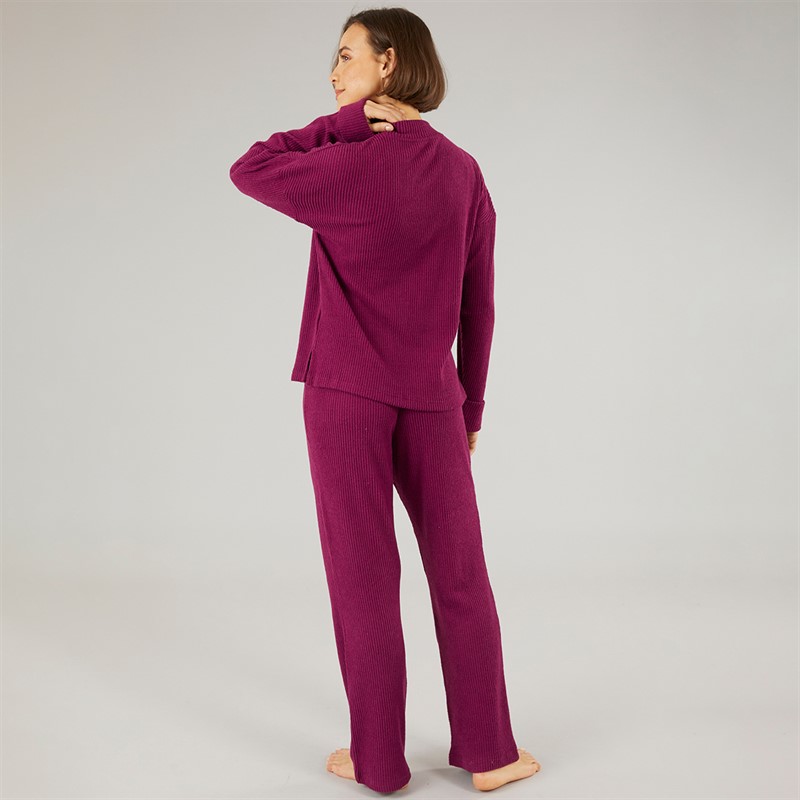Onfire Womens Rib Top And Wide Leg Trousers Lounge Set Plum