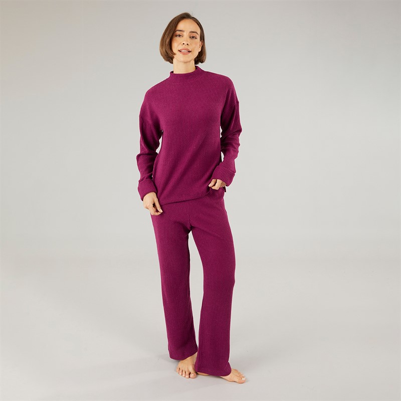 Onfire Womens Rib Top And Wide Leg Trousers Lounge Set Plum
