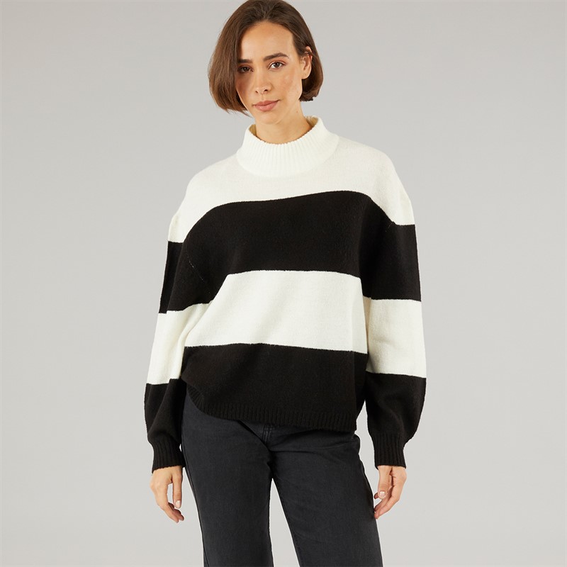 Onfire Womens Striped Crew Neck Sweatshirt Ecru/Black