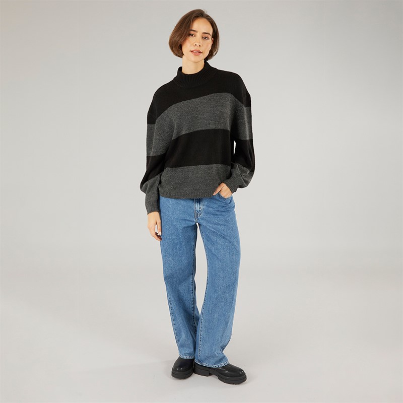 Onfire Womens Striped Crew Neck Sweatshirt Black/Charcoal