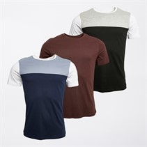 Onfire Mens Three Pack Colour Block Crew T-Shirts Navy/Blue/Grey/Black/Rasin