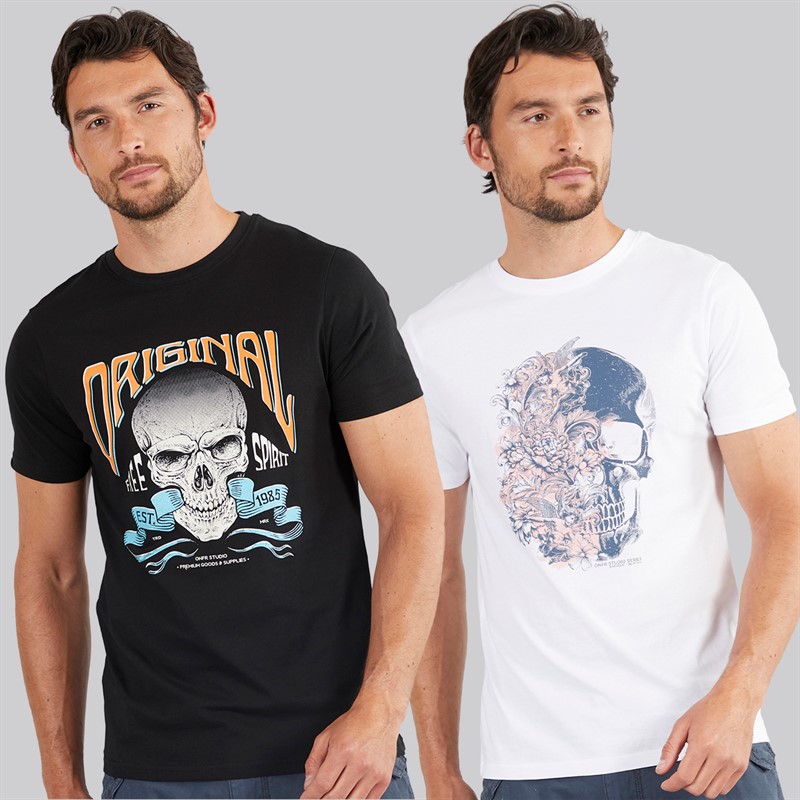 Onfire Mens Two Pack Skull T-Shirts Black/White