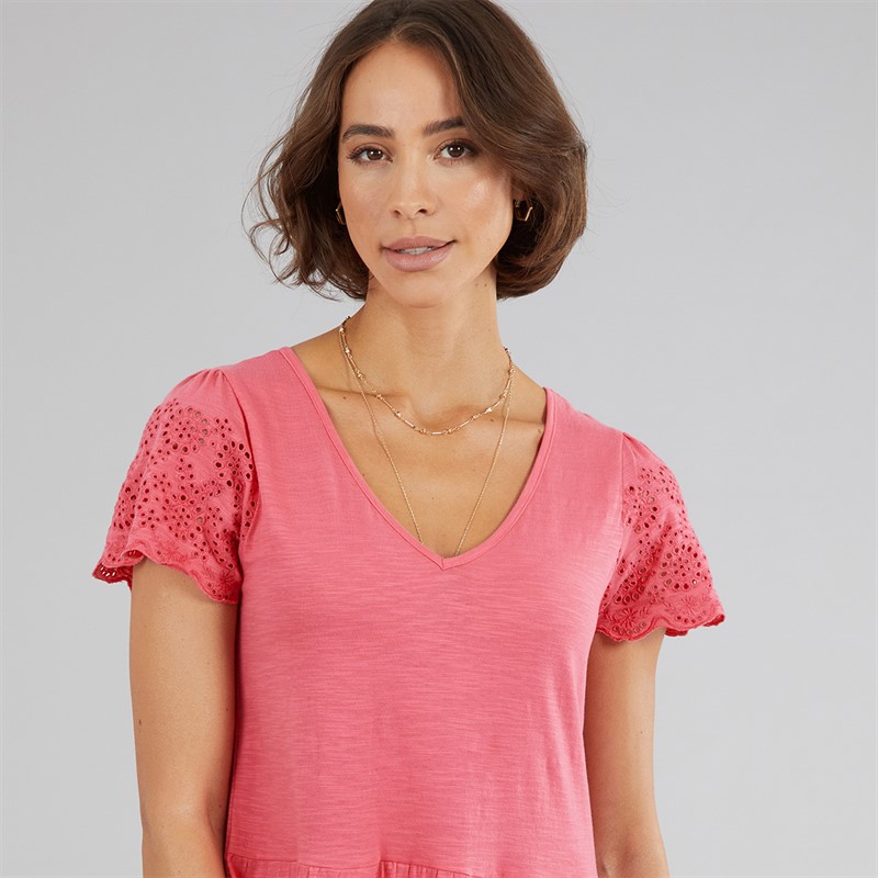 Onfire Womens Midi Broderie Sleeve Dress Hot Pink