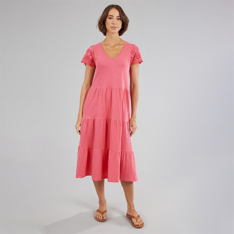 Onfire Womens Midi Broderie Sleeve Dress Hot Pink
