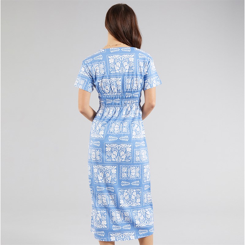 Onfire Womens Smocked Waist Midi Dress Blue Print