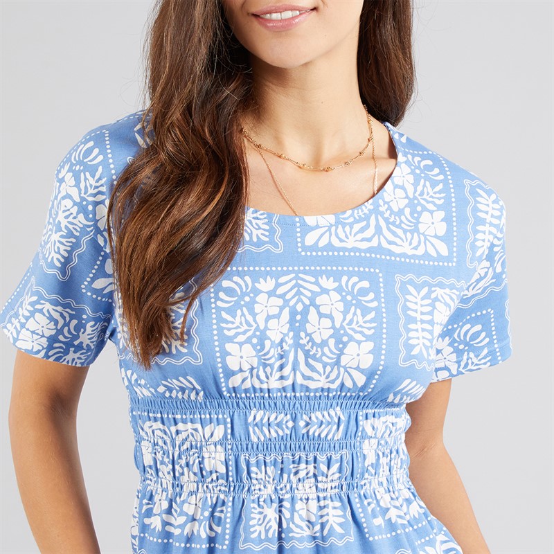 Onfire Womens Smocked Waist Midi Dress Blue Print