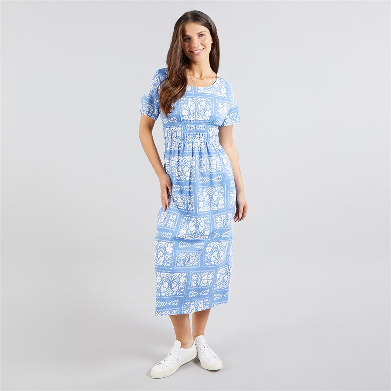 Onfire Womens Smocked Waist Midi Dress Blue Print