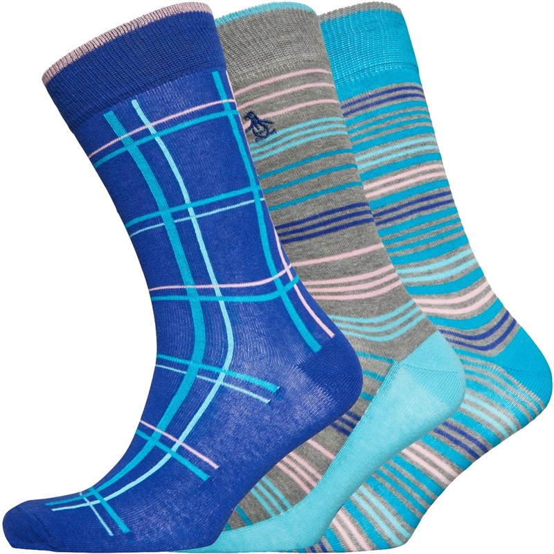 Buy Original Penguin Mens Three Pack Socks Grey/Turquoise/Pink/Navy