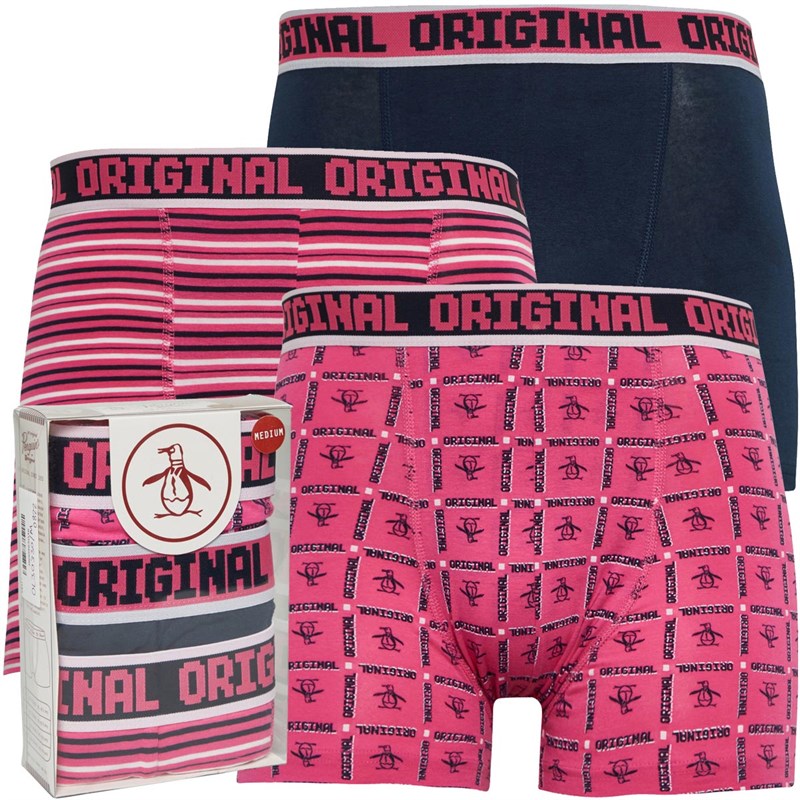 Original Penguin Mens Retro OP Check Three Pack Boxers Navy/Pink