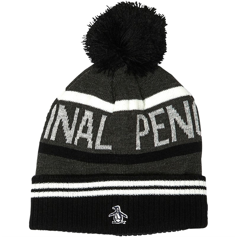 Original Penguin Mens Axel Intarsia Bobble Hat Black/Charcoal/Heather Grey