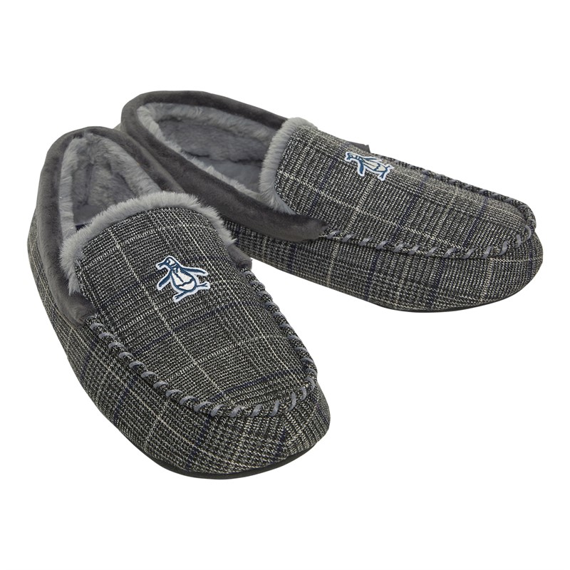 Original Penguin Mens Bedtime Checks Moccasin Slippers Charcoal Check