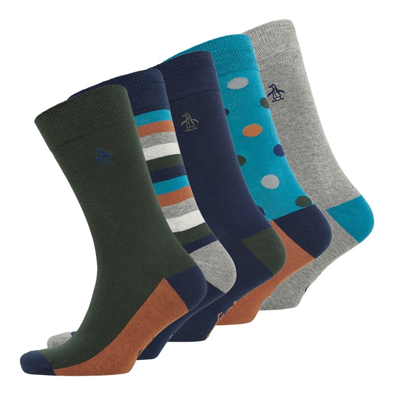 Original Penguin Mens Five Pack Socks Spot/Stripe/Orange/Green/Grey/Multi