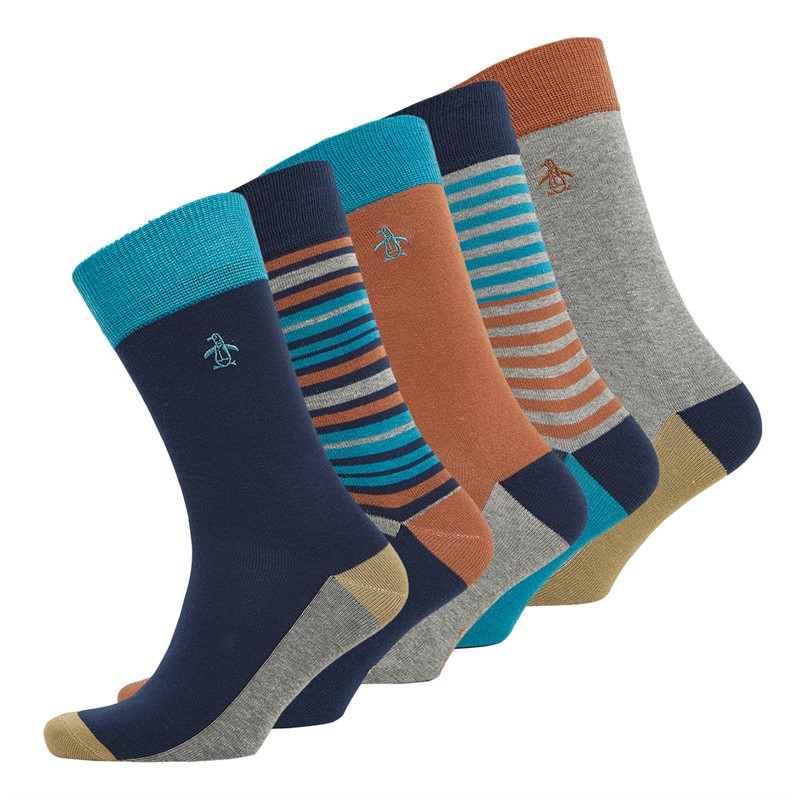 Original Penguin Mens Five Pack Socks Stripe/Navy/Orange/Grey/Multi