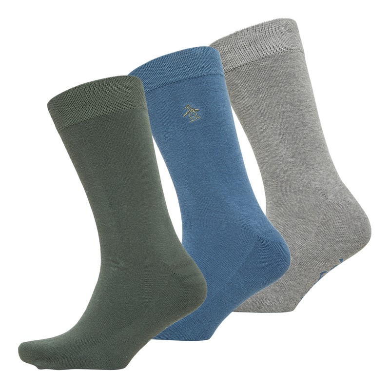 Original Penguin Mens Three Pack Ankle Socks With Terry Footbed Blue/Sage/Grey